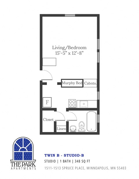 Floor plan for studio, 1 bath, 348 sqft